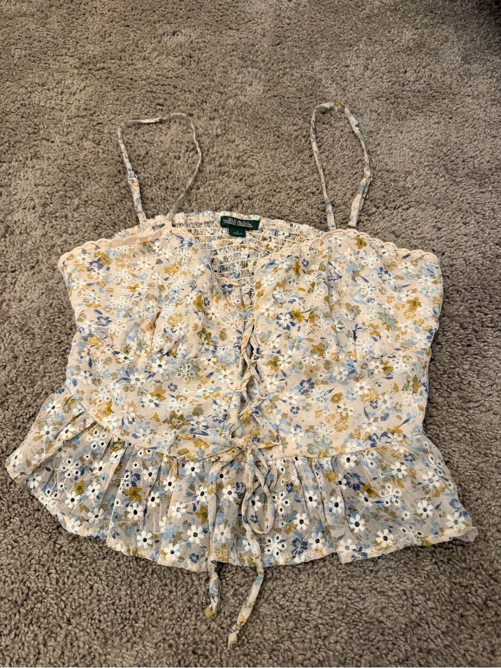 wild fable Cream Floral Lace-Up Cami with Blue & Yellow Accents